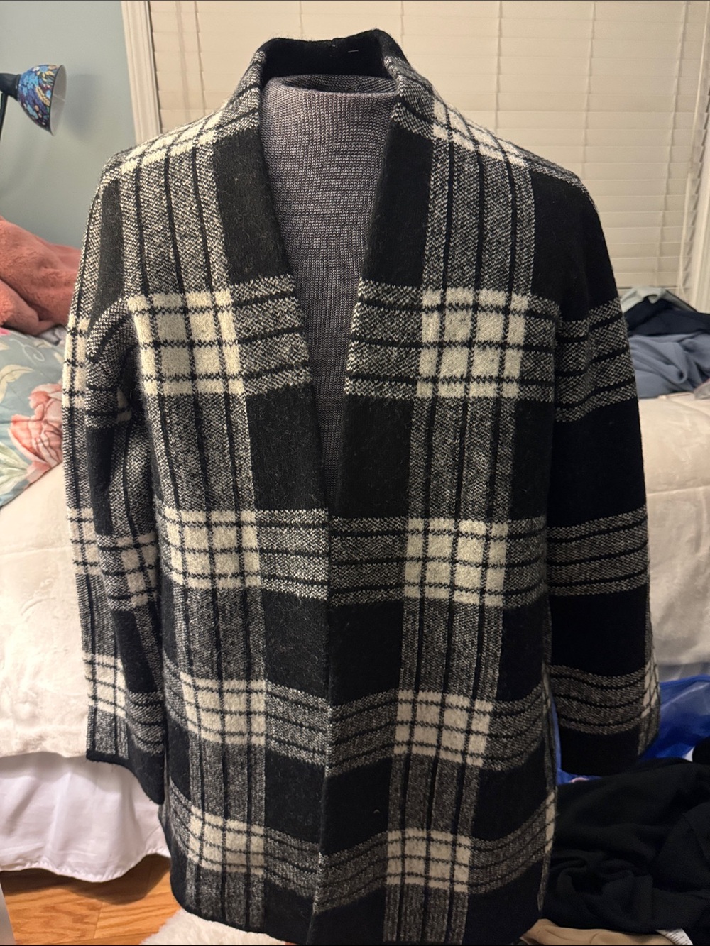 Black and White Plaid Open-Front Sweater Coat